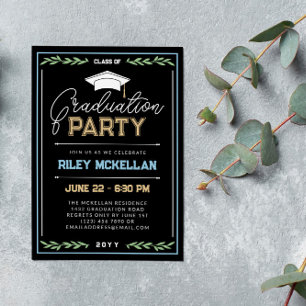 Invitación Varsity Typography Black Blue Graduation Party