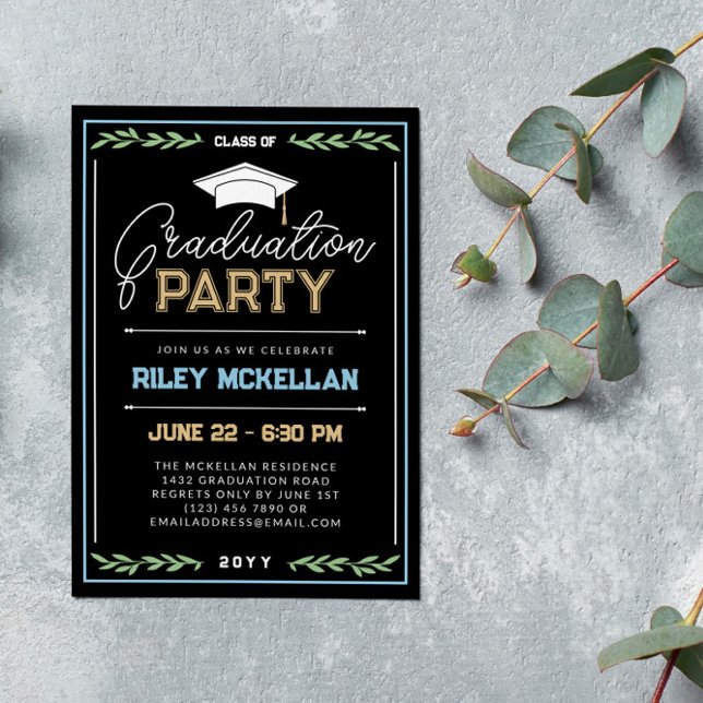 Invitación Varsity Typography Black Blue Graduation Party (Subido por el creador)