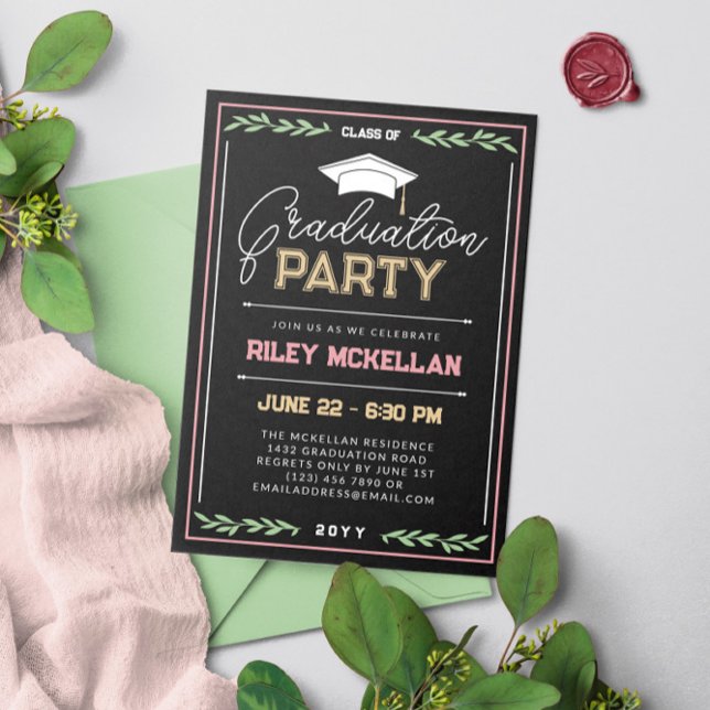 Invitación Varsity Typography Black Pink Graduation Party (Subido por el creador)