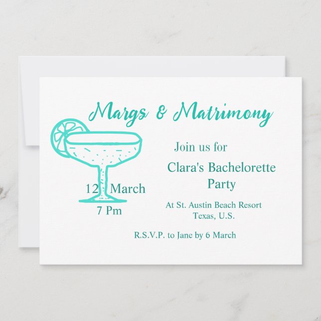 Invitación Vaso de tequila Turquesa Margs & Matrimonio solter (Anverso)