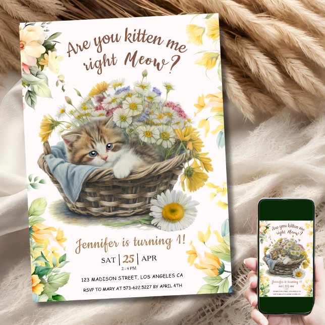 Invitación ¡Vaya! Corte Kitten Floral Kitty Cat Primer Cumple (Subido por el creador)