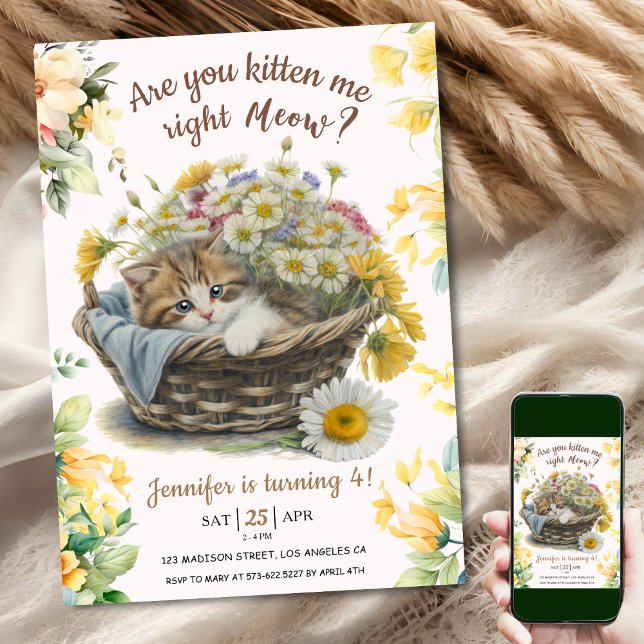 Invitación ¡Vaya! Cute Kitten Floral Kitty Cat 4º cumpleaños (Subido por el creador)