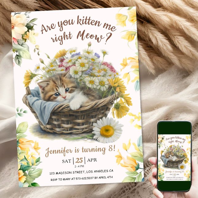 Invitación ¡Vaya! Cute Kitten Floral Kitty Cat 8 cumpleaños (Subido por el creador)