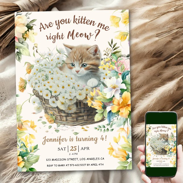 Invitación ¡Vaya! Floral Cute Kitten Chica Cat 4º cumpleaños (Subido por el creador)