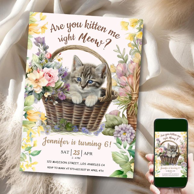 Invitación ¡Vaya! Floral Cute Kitten Chica Cat 6cumpleaños (Subido por el creador)