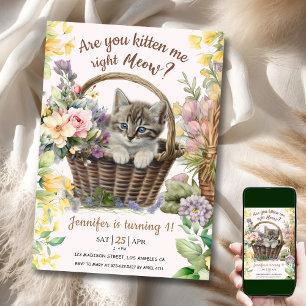 Invitación ¡Vaya! Floral Cute Kitten Chica Cat Primer cumplea