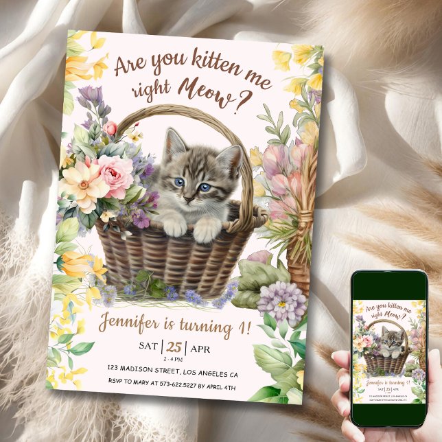 Invitación ¡Vaya! Floral Cute Kitten Chica Cat Primer cumplea (Subido por el creador)