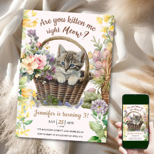 Invitación ¡Vaya! Floral Cute Kitten Chica Cat Tercer cumplea