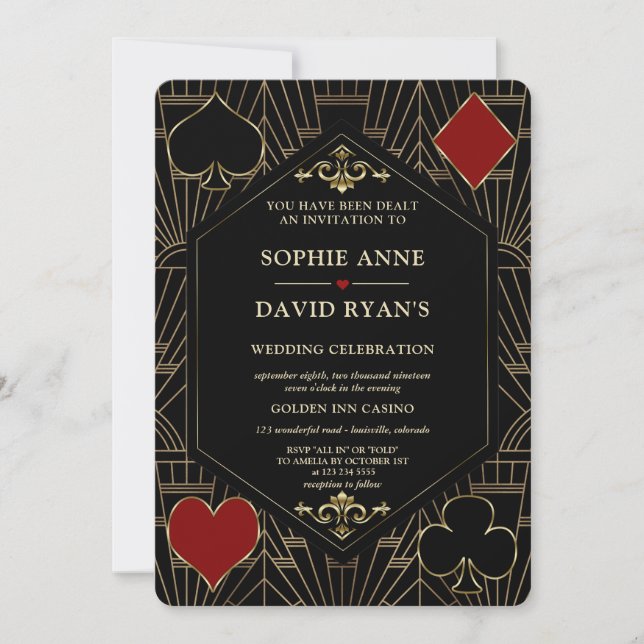 Invitación Vegas Gold Art Deco Casino QR Code Poker Wedding  (Anverso)