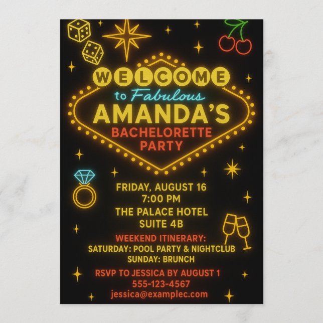 Invitación Vegas Neon Sign Bachelorette Party Invitation  (Anverso)