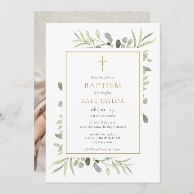 Invitación Vegetación acuarela Baptism Christening Photo (Anverso / Reverso)