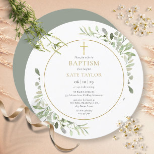 Invitación Vegetación acuarela bautismo Christening Circular