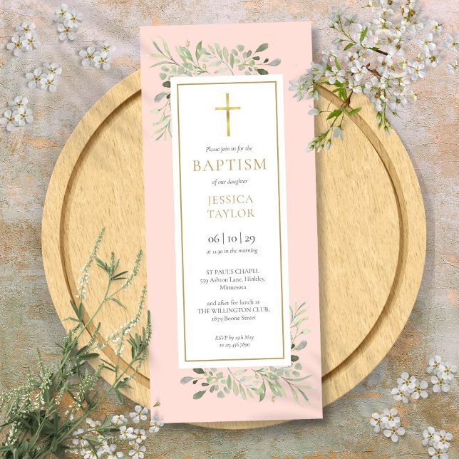 Invitación Vegetación acuarela bautismo Christening Rubor Pin (Watercolor Greenery Baptism Christening Blush Pink Invitation)