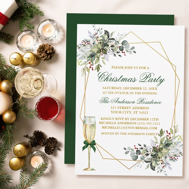 Invitación Vegetación acuarela Berries Navidades Oro Verde (Customize to change text color, size, style or to change color of back of card.)