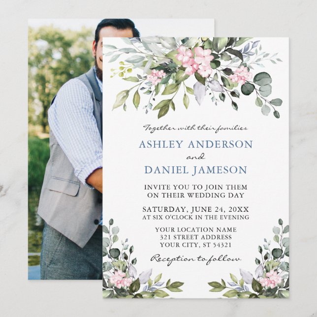 Invitación Vegetación acuarela Boda de foto azul con polvo ro (Anverso / Reverso)