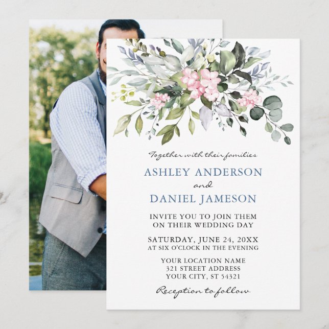 Invitación Vegetación acuarela Boda de foto azul con polvo ro (Anverso / Reverso)