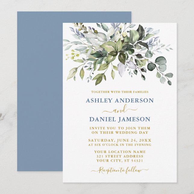 Invitación Vegetación acuarela Boda dorado azul turbio (Anverso / Reverso)