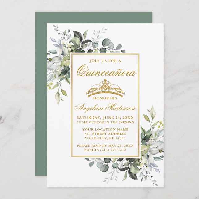 Invitación Vegetación acuarela Dorada Sage Quinceanera verde (Anverso / Reverso)