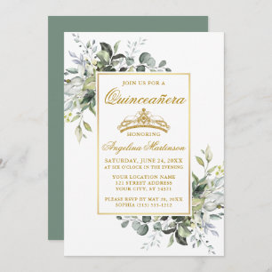 Invitación Vegetación acuarela Dorada Sage Quinceanera verde