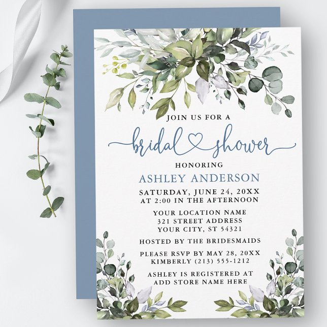 Invitación Vegetación acuarela Ducha de la novia Corazón azul (Customize to change your personalized text color, text style or color of back of card.)