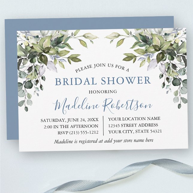 Invitación Vegetación acuarela ducha de novia azul turbio (Customize to change text color, text style or color of back of card.)