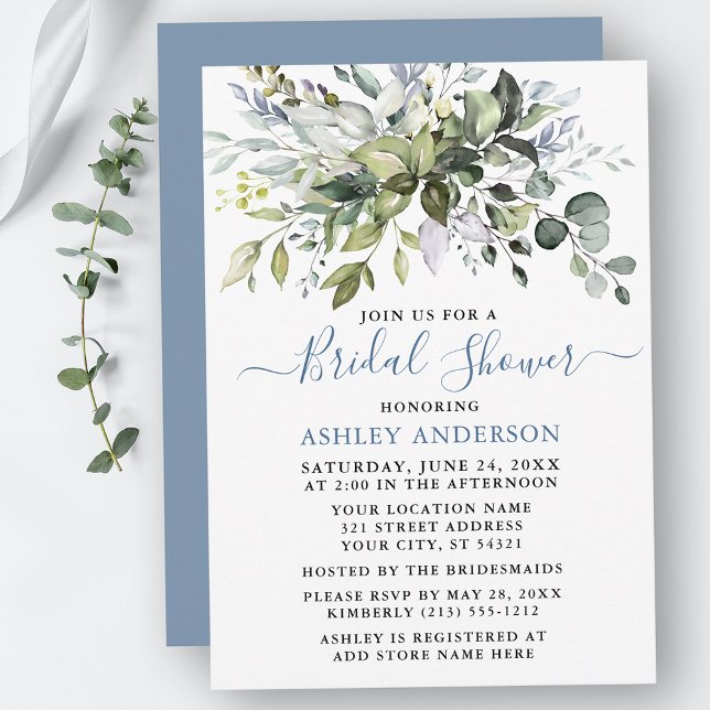 Invitación Vegetación acuarela ducha de novia azul turbio (Customize to change text color, text style or color of back of card.)