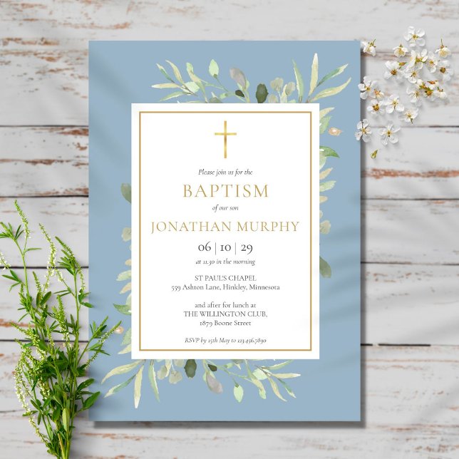 Invitación Vegetación acuarela Dusty Blue Boy Baptism (Subido por el creador)