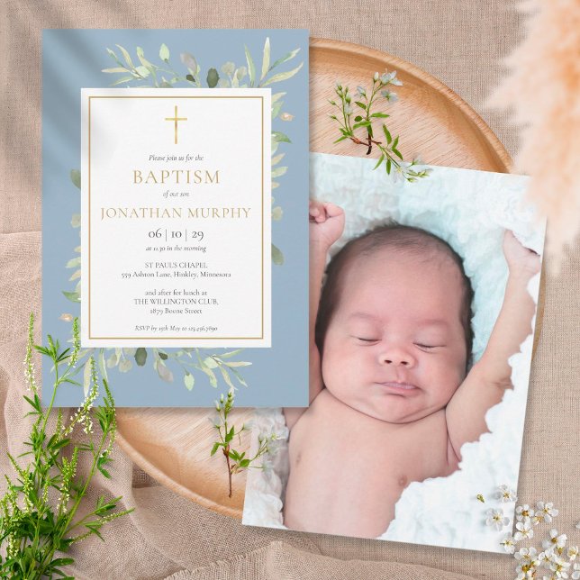 Invitación Vegetación acuarela Dusty Blue Boy Baptism Photo (Subido por el creador)