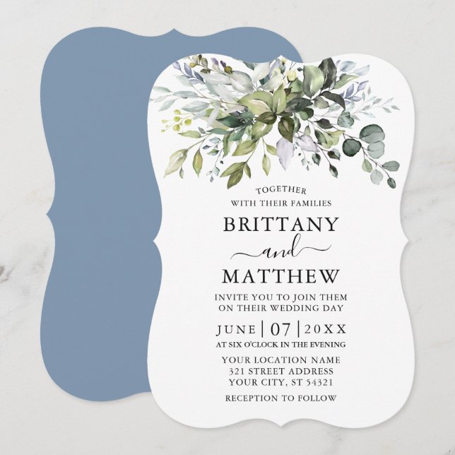 Invitación Vegetación acuarela Dusty Blue Bracket (Anverso / Reverso)