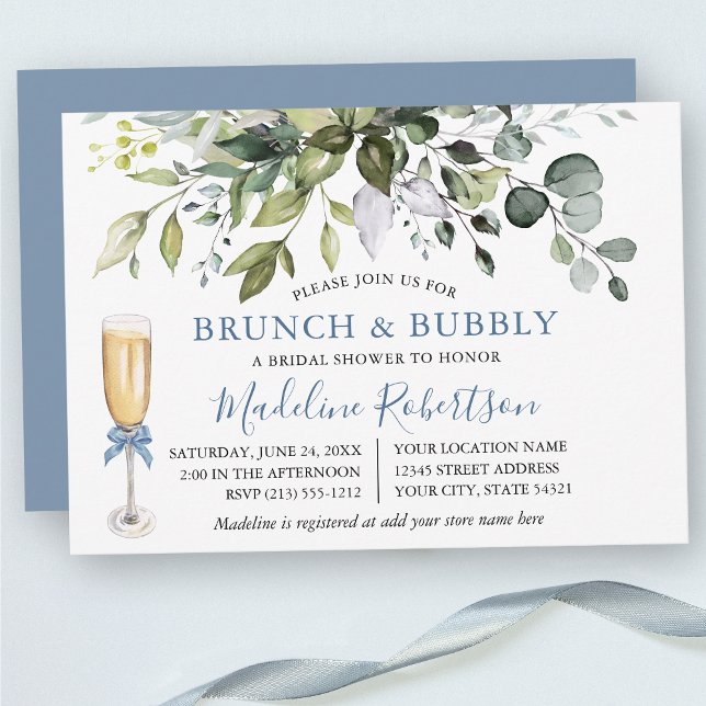 Invitación Vegetación acuarela Dusty Blue Bridal Brunch (Customize to change text color, text style or color of back of card.)