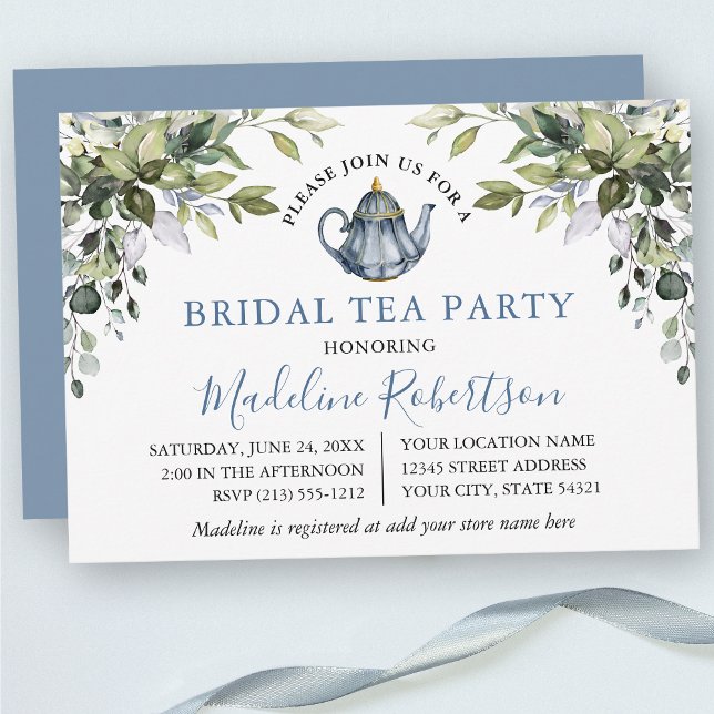 Invitación Vegetación acuarela Dusty Blue Bridal Tea Fiesta (Customize to change text color, text style or color of back of card.)