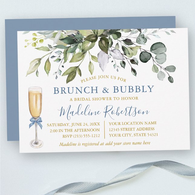 Invitación Vegetación acuarela Dusty Blue Gold Brunch (Customize to change text color, text style or color of back of card.)