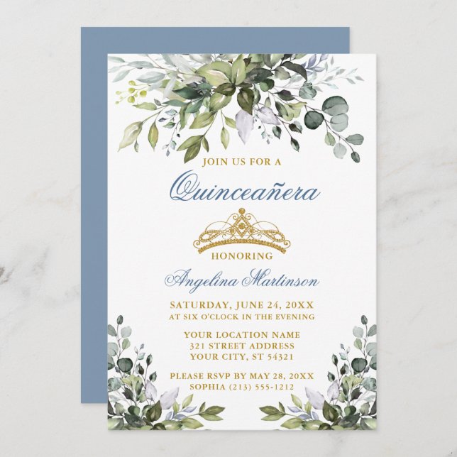 Invitación Vegetación acuarela Dusty Blue Gold Quinceañera (Anverso / Reverso)