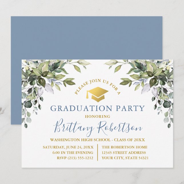 Invitación Vegetación acuarela Fiesta de la graduación dorada (Anverso / Reverso)