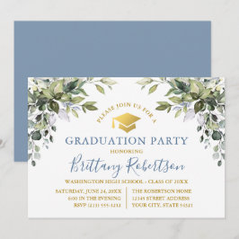 Invitación Vegetación acuarela Fiesta de la graduación dorada