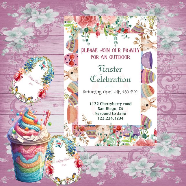 Invitación Vegetación acuarela Floral Bunny Easter Eggs Frame (Watercolor Greenery Floral Bunny Easter Eggs Frame Invitation)