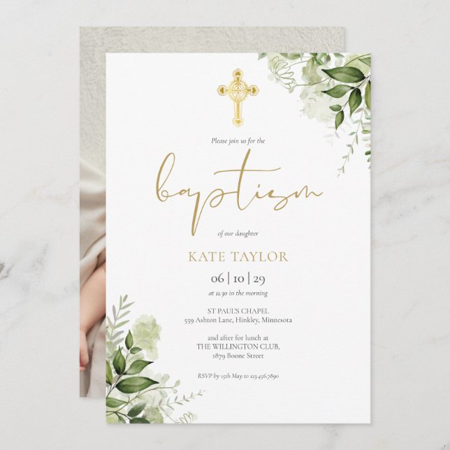 Invitación Vegetación acuarela Floral Oro Bautismo Foto (Anverso / Reverso)