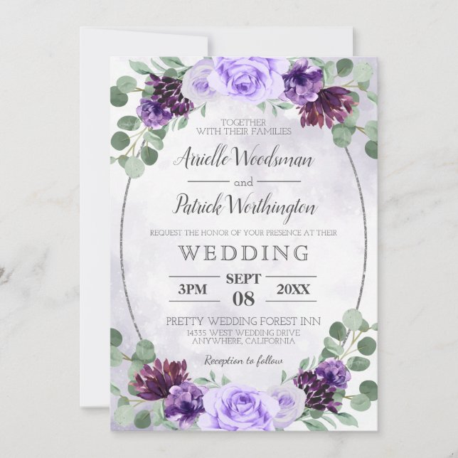 Invitación Vegetación acuarela Floral Purple Elegant Wedding (Anverso)