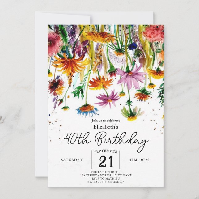 Invitación Vegetación acuarela Flores silvestres 40 cumpleaño (Anverso)