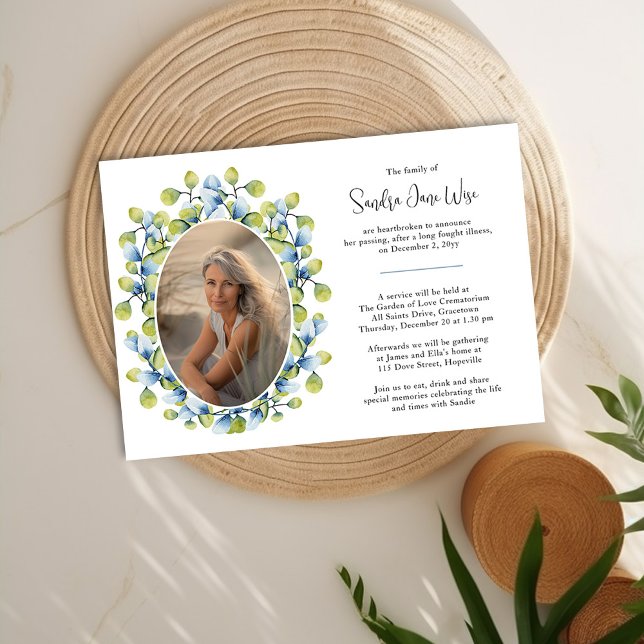 Invitación Vegetación acuarela Foto Aviso de muerte y funeral (Death Announcement and Funeral Invitation with photo framed with greenery by Darling & May)