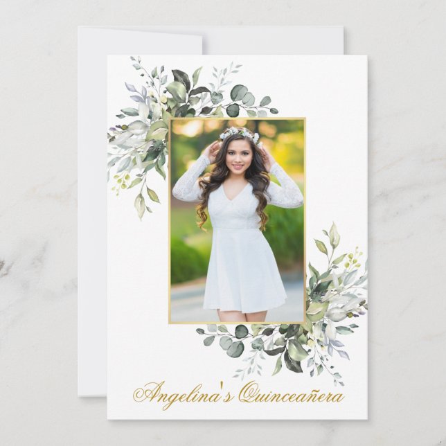 Invitación Vegetación acuarela Fotograma dorado Quinceanera (Anverso)
