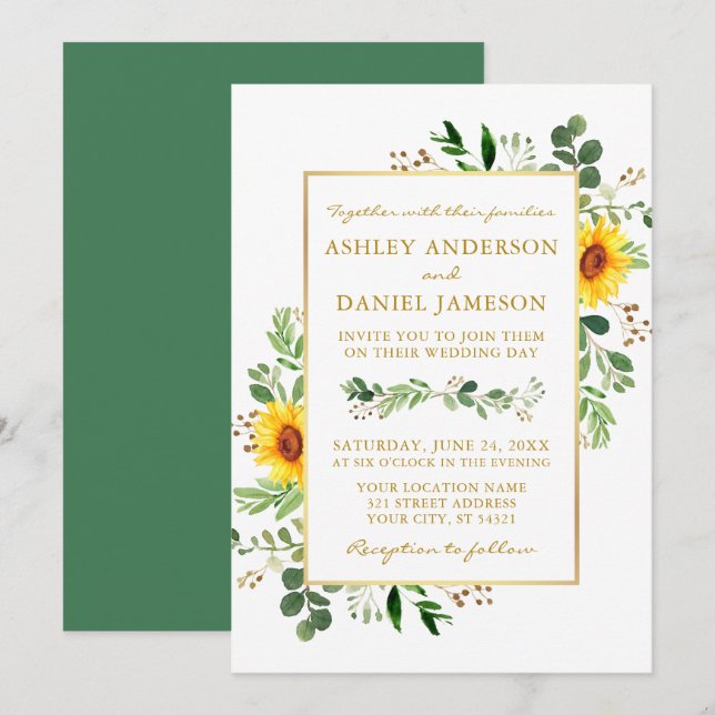 Invitación Vegetación acuarela girasoles Boda oro (Anverso / Reverso)