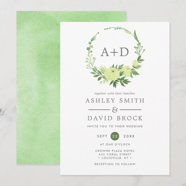 Invitación Vegetación acuarela Monograma Boda de guirnalda (Anverso / Reverso)