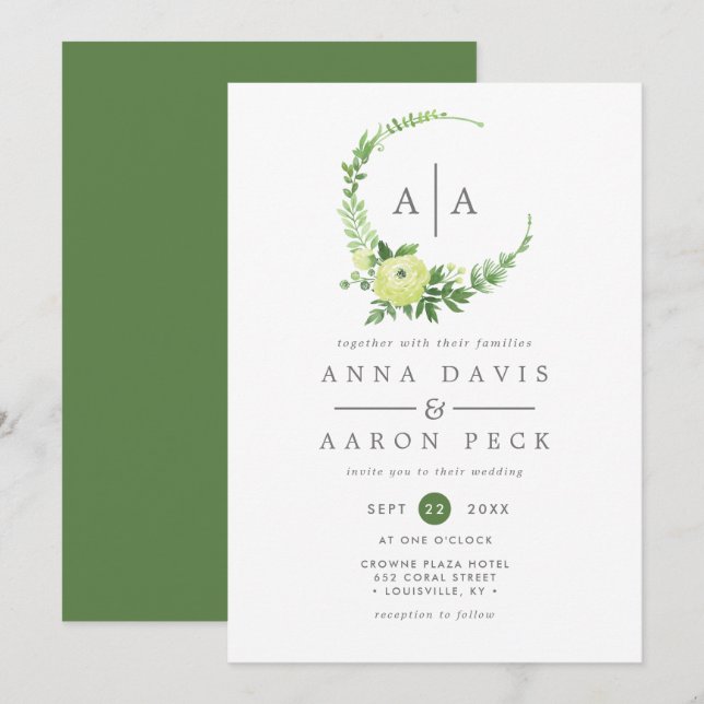 Invitación Vegetación acuarela Monograma Boda de guirnalda (Anverso / Reverso)