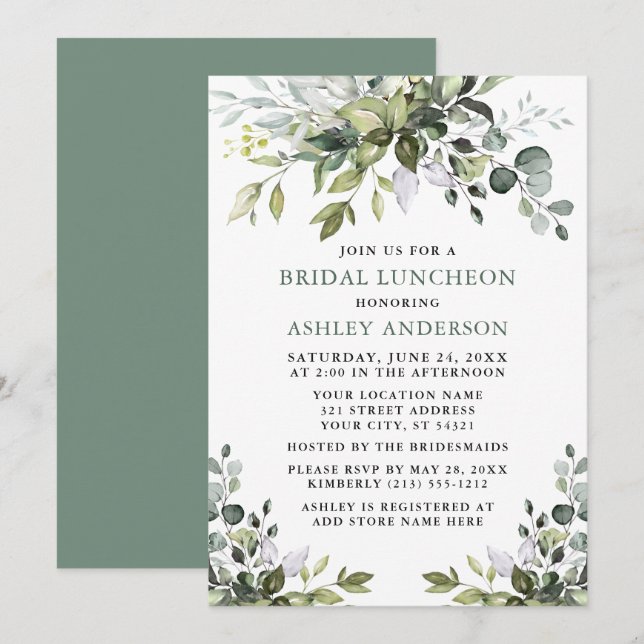 Invitación Vegetación acuarela Noche Luncheon Sage Green (Anverso / Reverso)