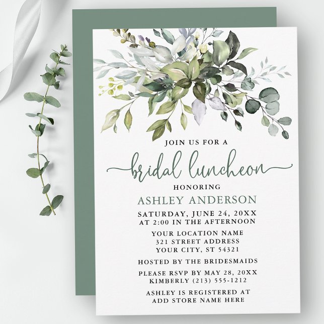 Invitación Vegetación acuarela Noche Luncheon Sage Green (Customize to change your personalized text color, text style or color of back of card.)