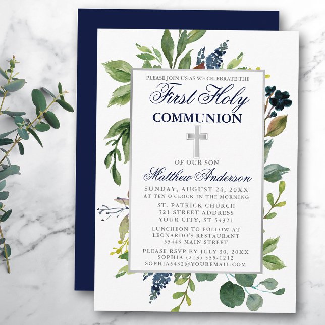 Invitación Vegetación acuarela Primera Comunión Santa Azul (Customize to change text color,  size, style or to change color of back of card.)