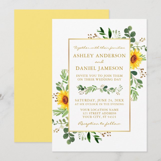 Invitación Vegetación acuarela Sunflowers Boda de marcos dora (Anverso / Reverso)
