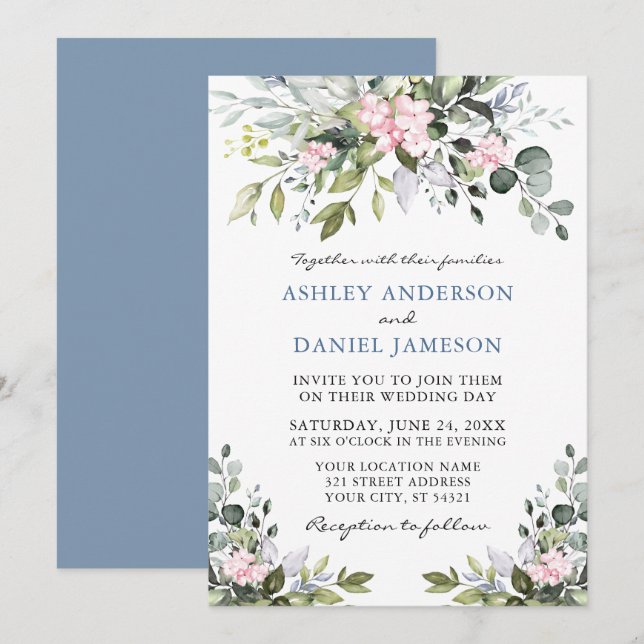 Invitación Vegetación acuática Boda azul turbio rosado (Anverso / Reverso)