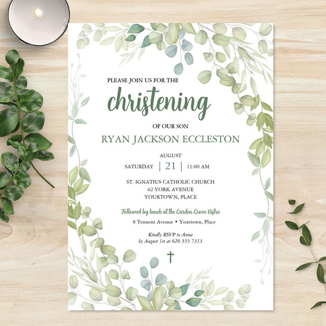 Invitación Vegetación acuática Christening Baby (Watercolor Greenery Christening Baby Invitation)